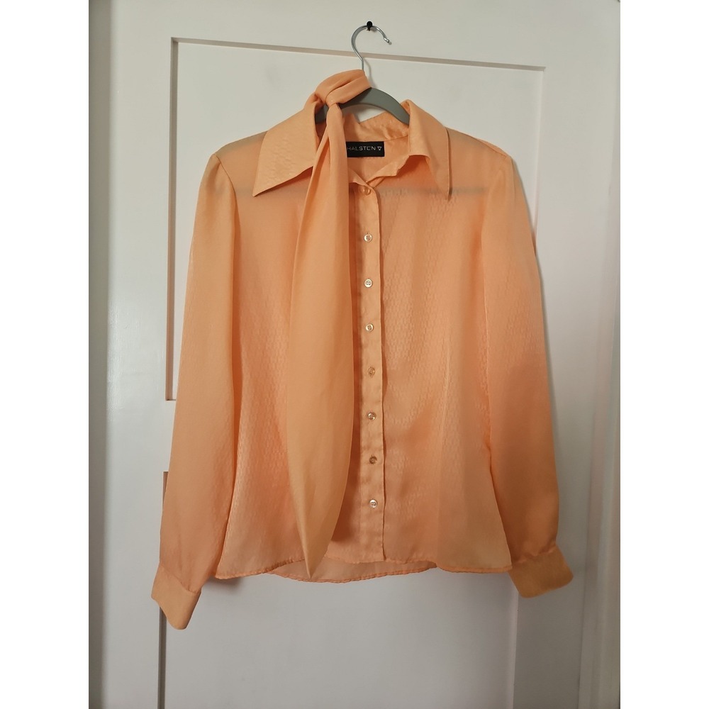 Halston V Vintage Peach Jacquard Tie-Neck Blouse Size 12